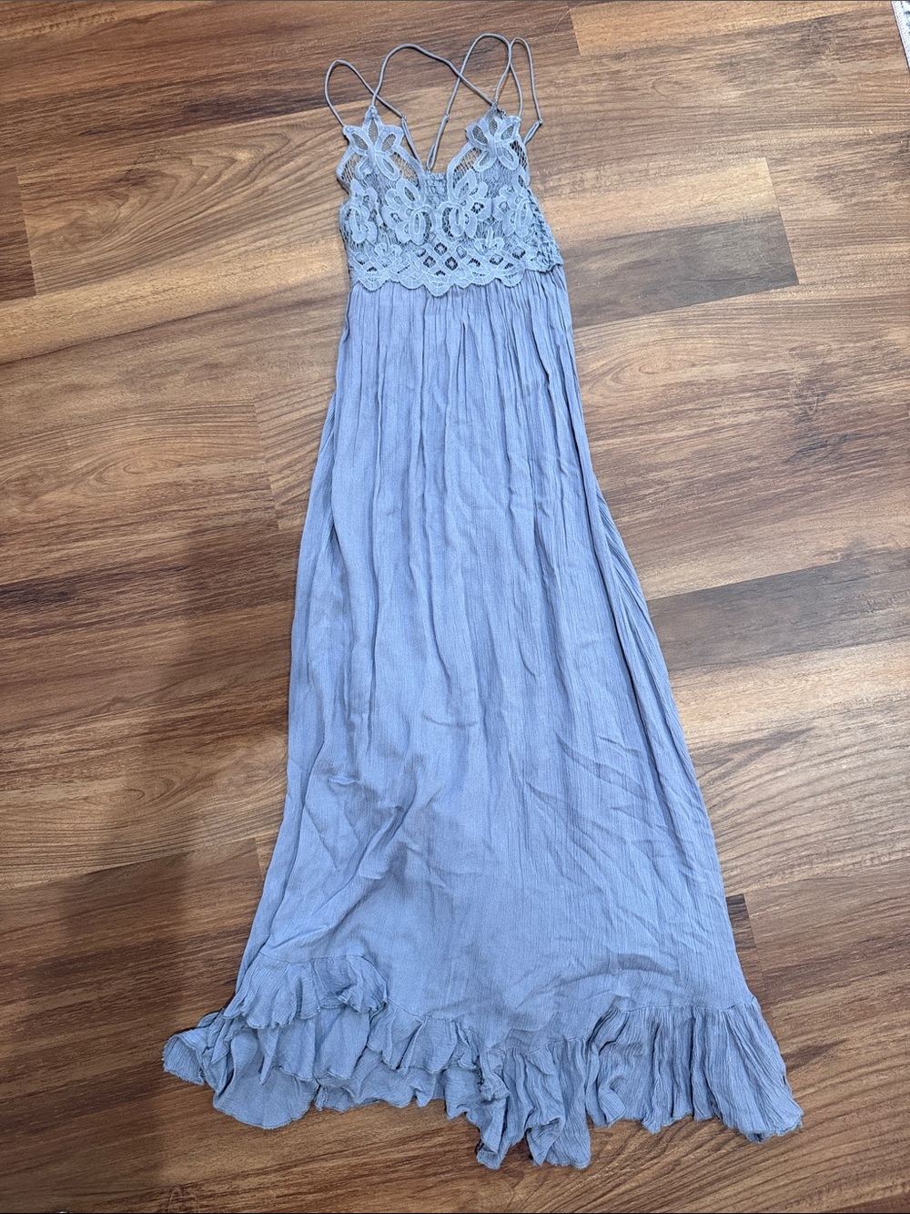 Boho Lace Bodice Maxi Dress in Slate Blue